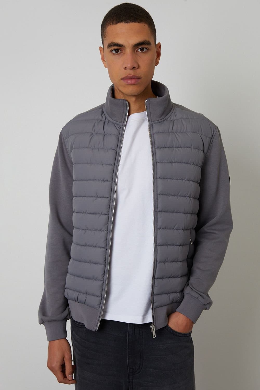 Threadbare Threadbare Men's Quilted Hybrid Funnel Neck Jacket in Dark Grey