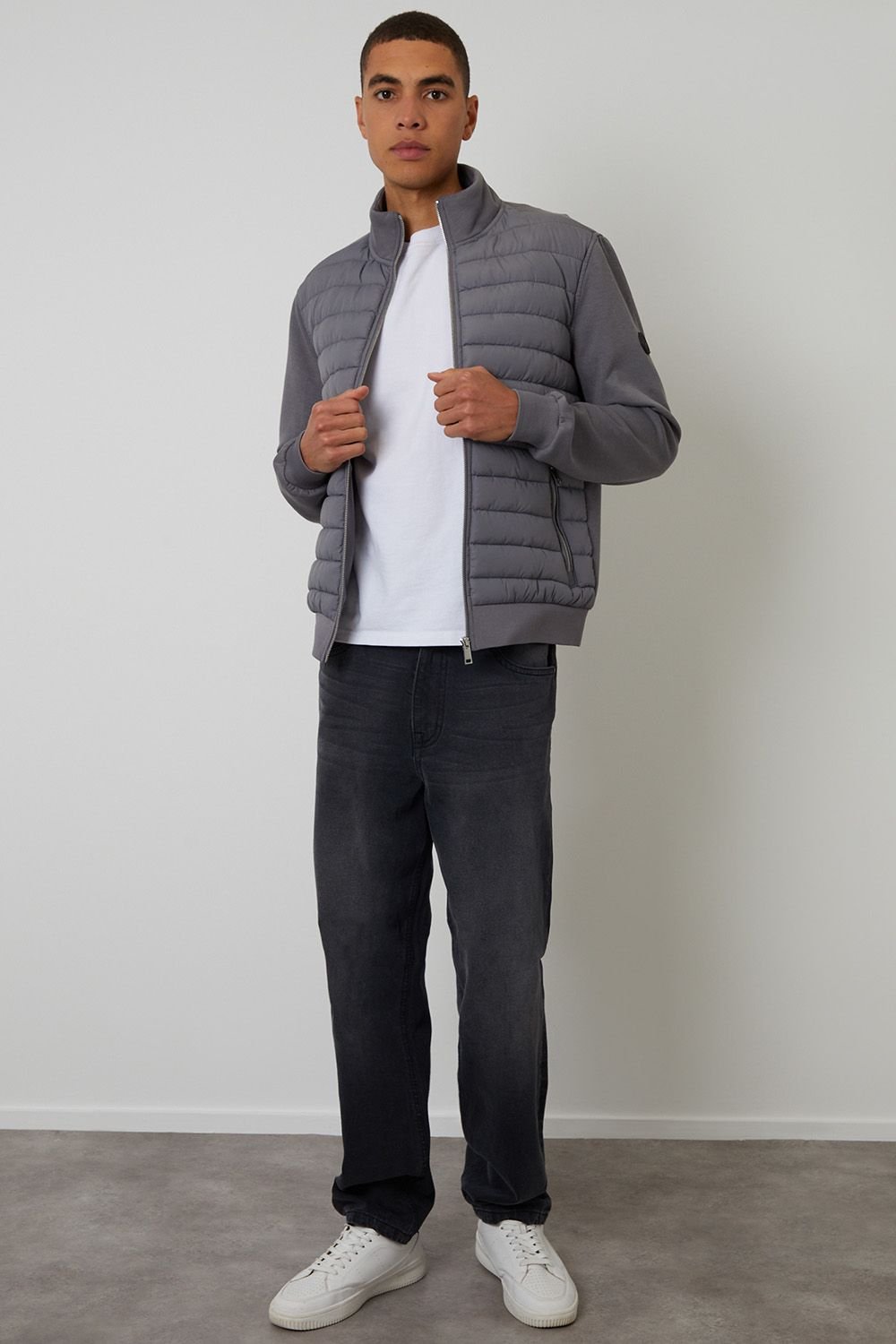 Threadbare Threadbare Men's Quilted Hybrid Funnel Neck Jacket in Dark Grey - 3