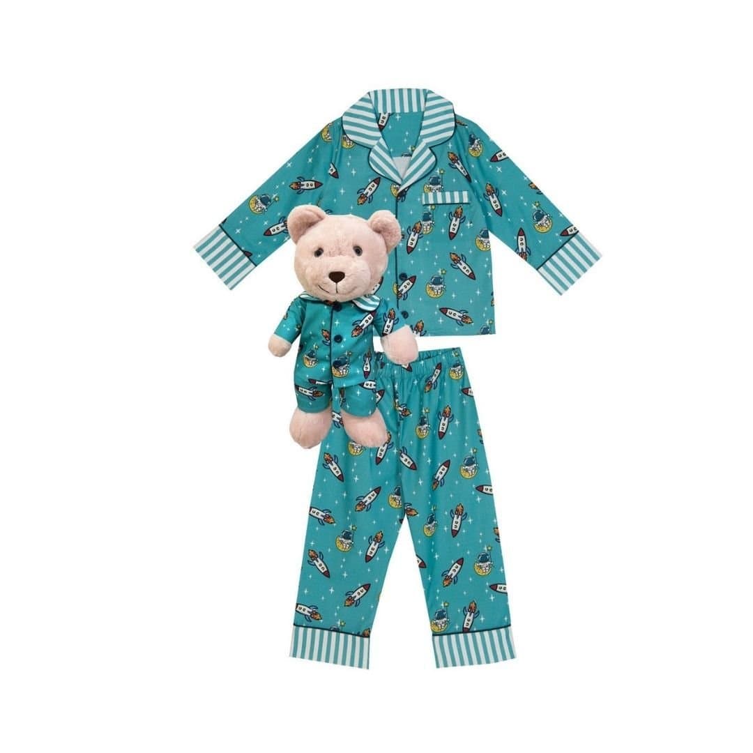 LunaMia LunaMia Men's Space Pyjama Set with Matching Teddy Bear in Blue