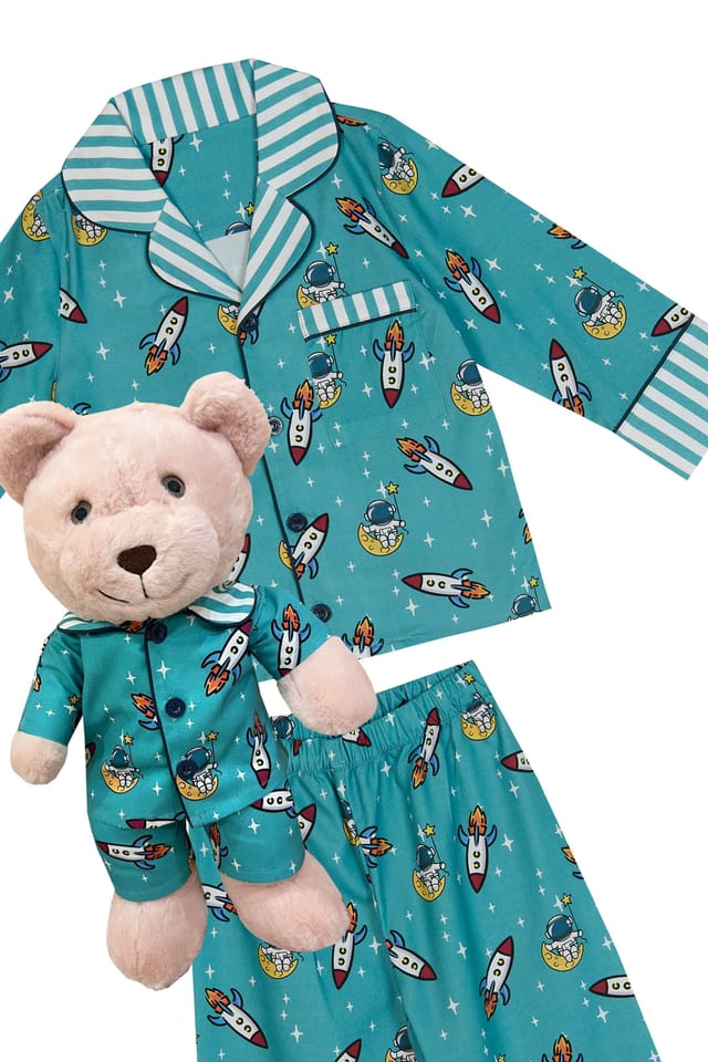 LunaMia LunaMia Men's Space Pyjama Set with Matching Teddy Bear in Blue - 2