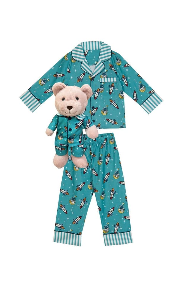 LunaMia LunaMia Men's Space Pyjama Set with Matching Teddy Bear in Blue - 3