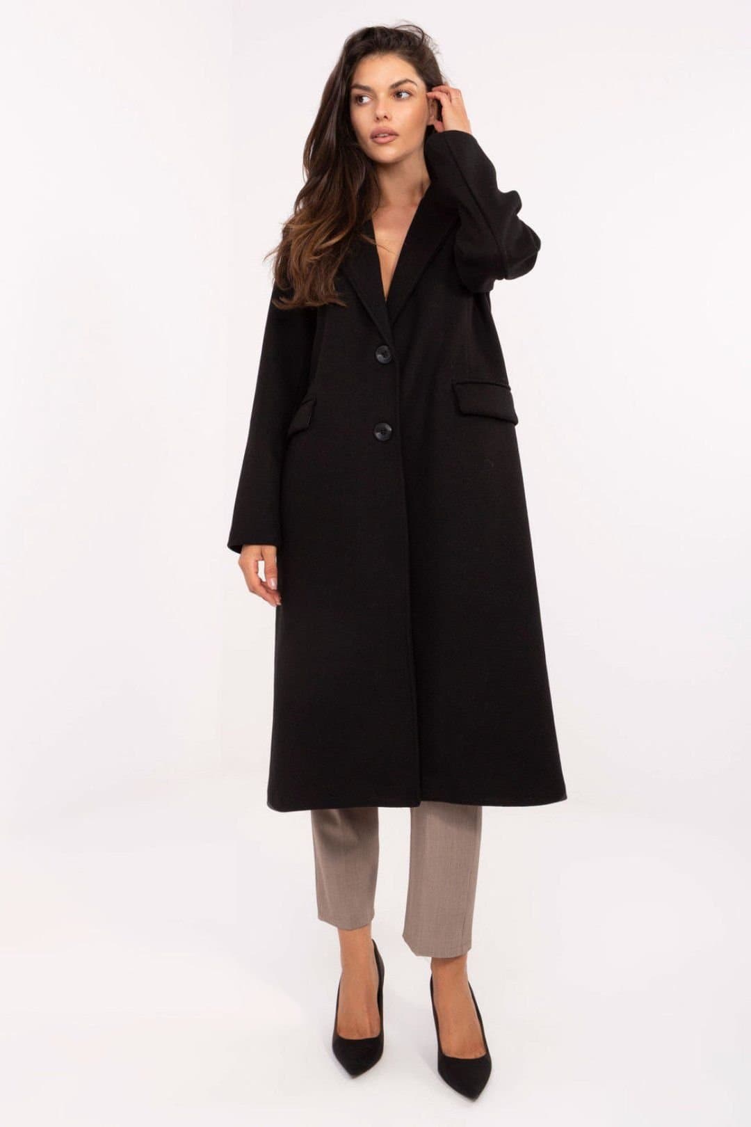 Love Lace Love Lace Women's Long Polyester Elegant Coat with Shoulder Pads in Black