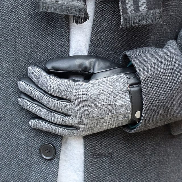 POM Collection POM Collection Men's Mens Faux Leather Check Gloves in Grey - 2