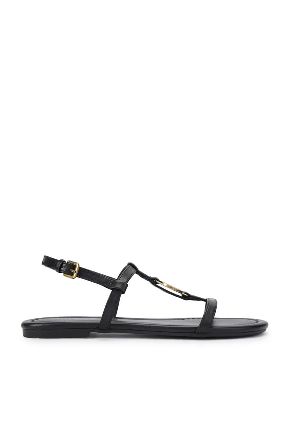 Kurt Geiger London Kurt Geiger London Black Leather Flat Sandals with Brass Charm