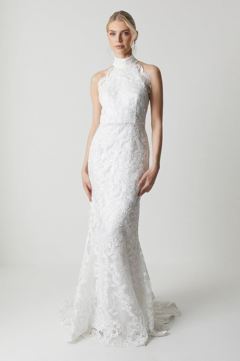 Coast Coast Women's High Neck Embroidered Mesh Wedding Dress With Train in Ivory