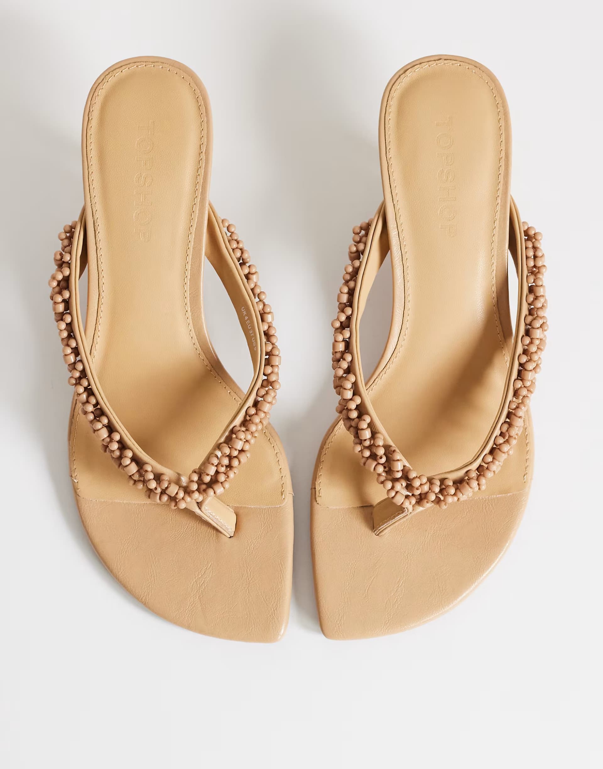 ASOS Topshop Nolan beaded toe thong mid heel sandal in camel