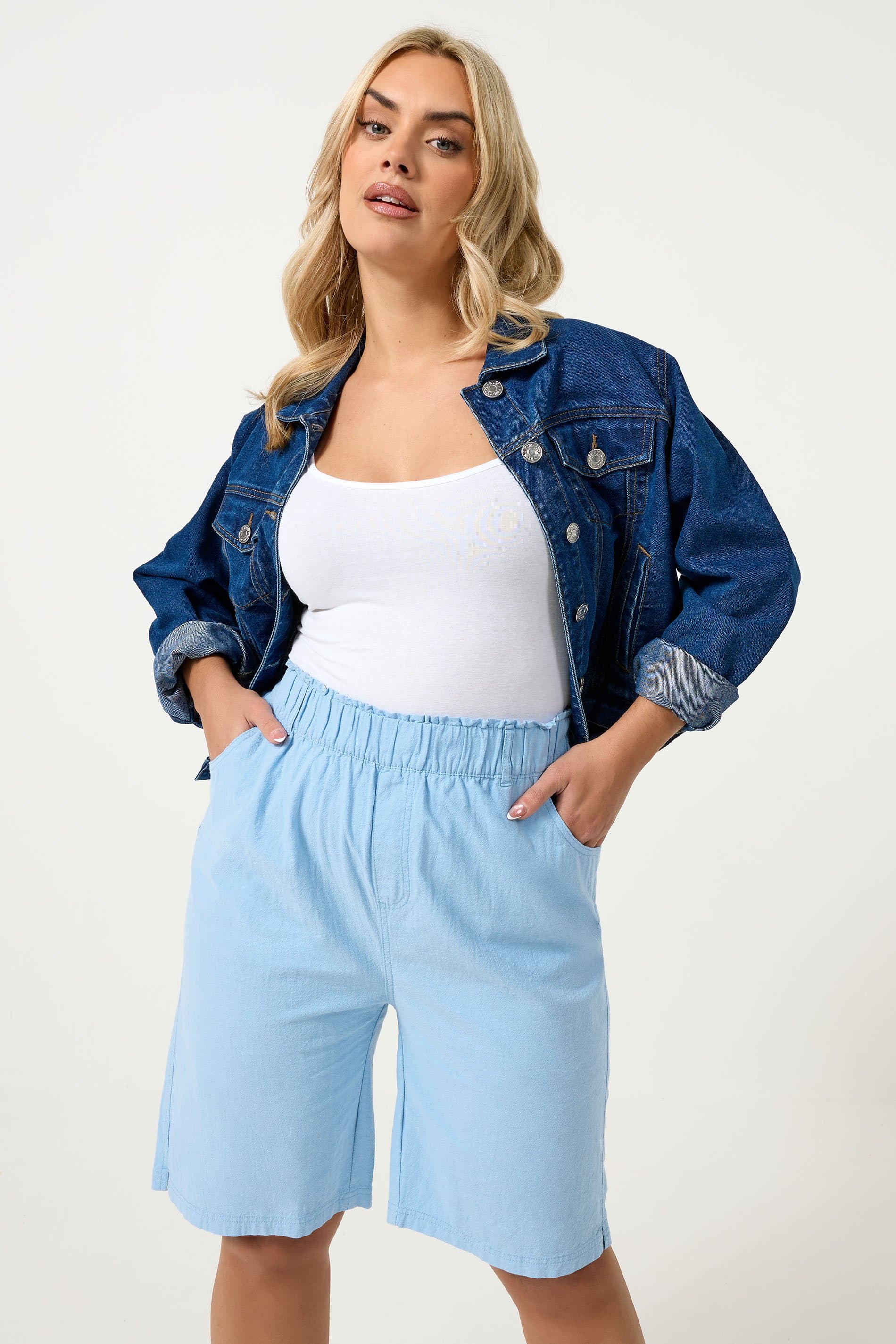 Yours Plus Size Blue Textured Cotton Shorts