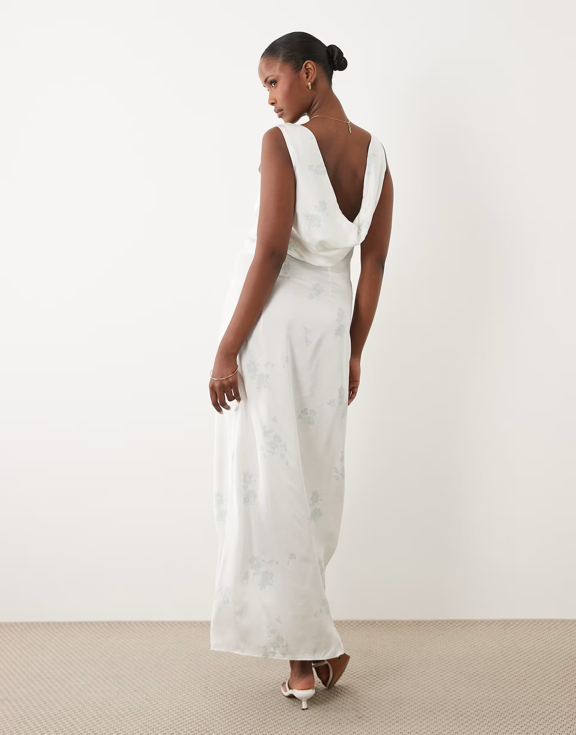 ASOS AWARE cowl neck satin maxi dress in white with light green floral 