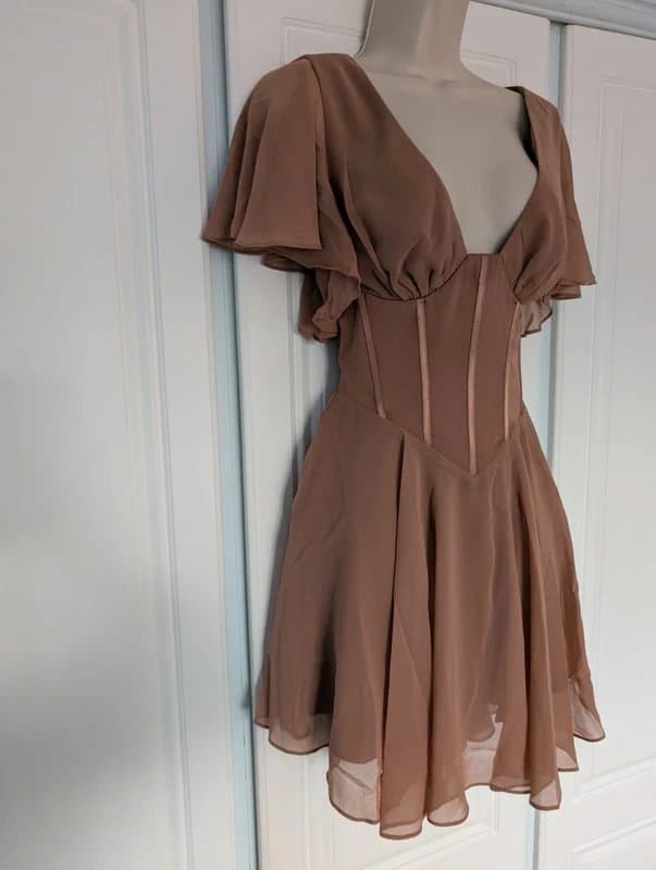 ASOS Design ASOS Design flutter sleeve mini skater dress in mocha size 8
