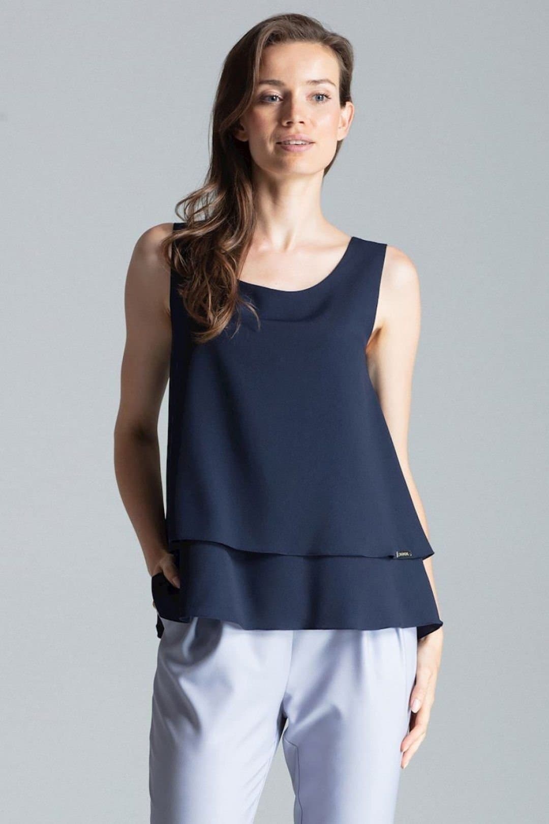 Love Lace Love Lace Navy Blue Sleeveless Double Layer Flared Blouse