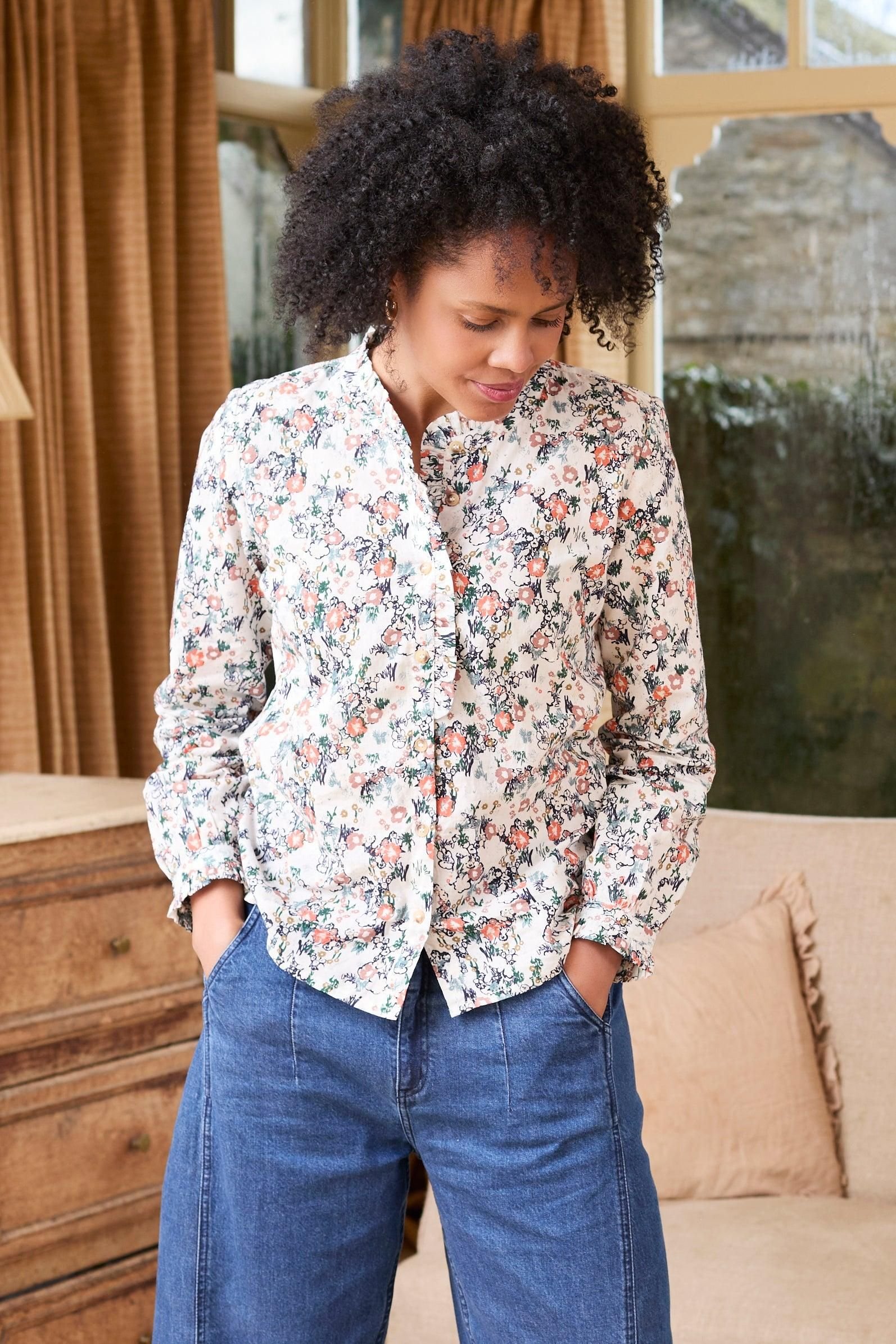 Lily & Me Lily & Me Women's Rachel Soft Cotton Long Sleeve Blouse with Scalloped Mandarin Collar in Ecru - 2