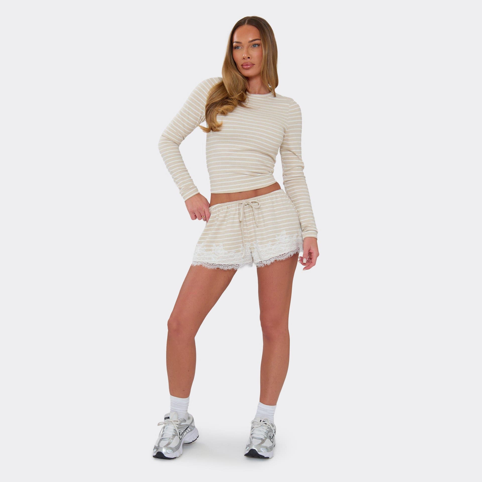 EGO Drawstring Waist Lace Trim Shorts In Nude Stripe Soft Jersey, Women's Size UK 6