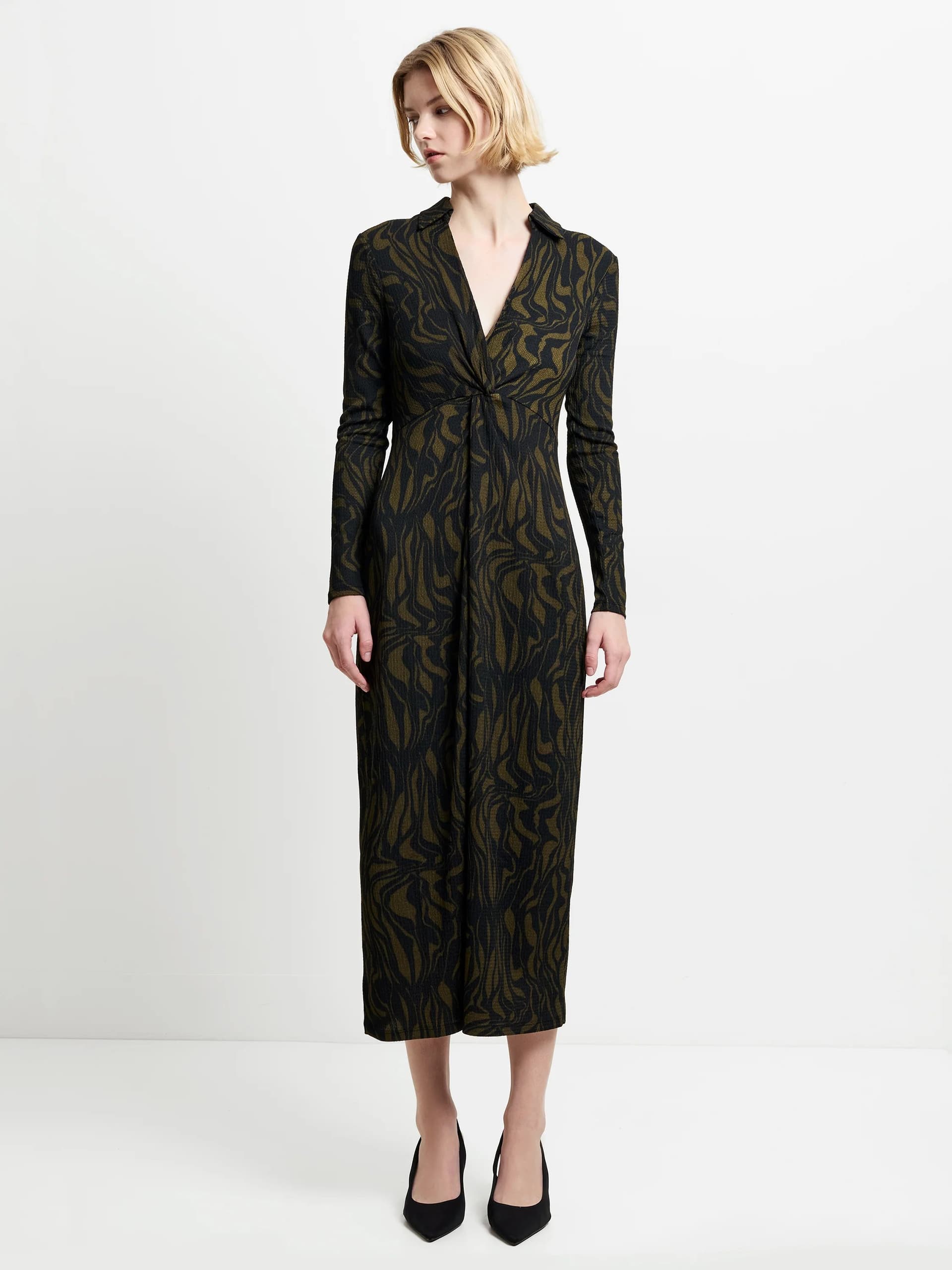 French Connection Zaria Textured Dress Blackout/khaki