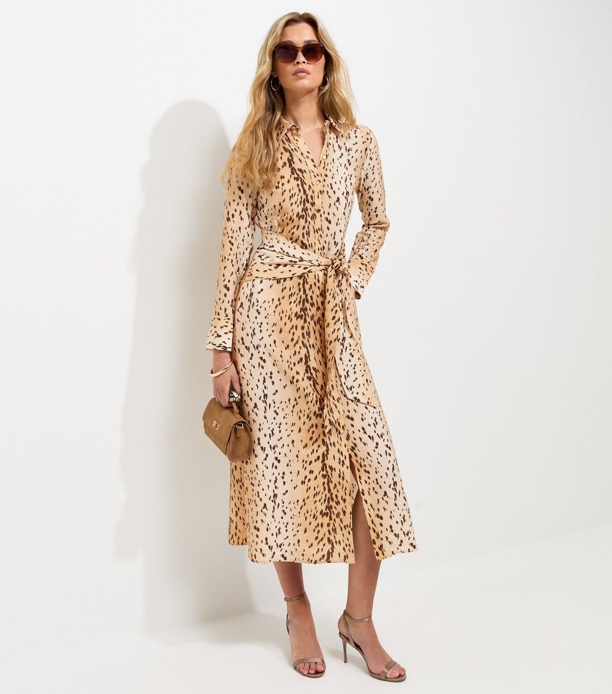 New Look Women's Tall Brown Animal Print Long Sleeve Midi Shirt Dress New Look