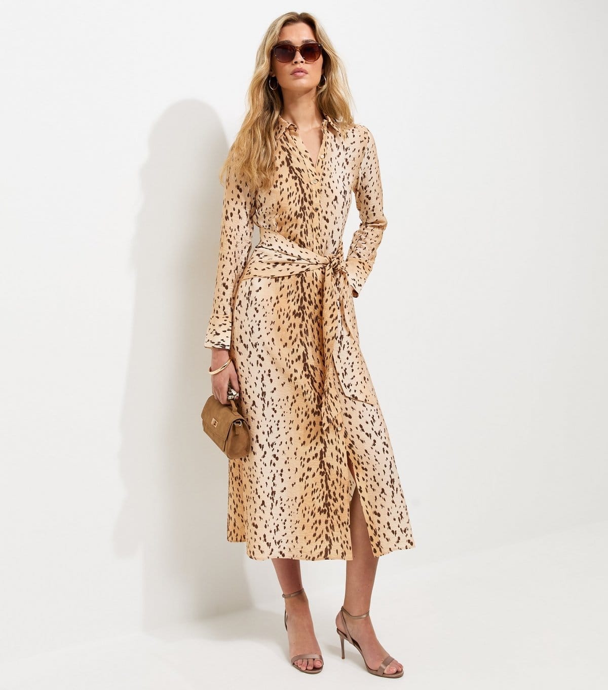 Women's Tall Brown Animal Print Long Sleeve Midi Shirt Dress New Look