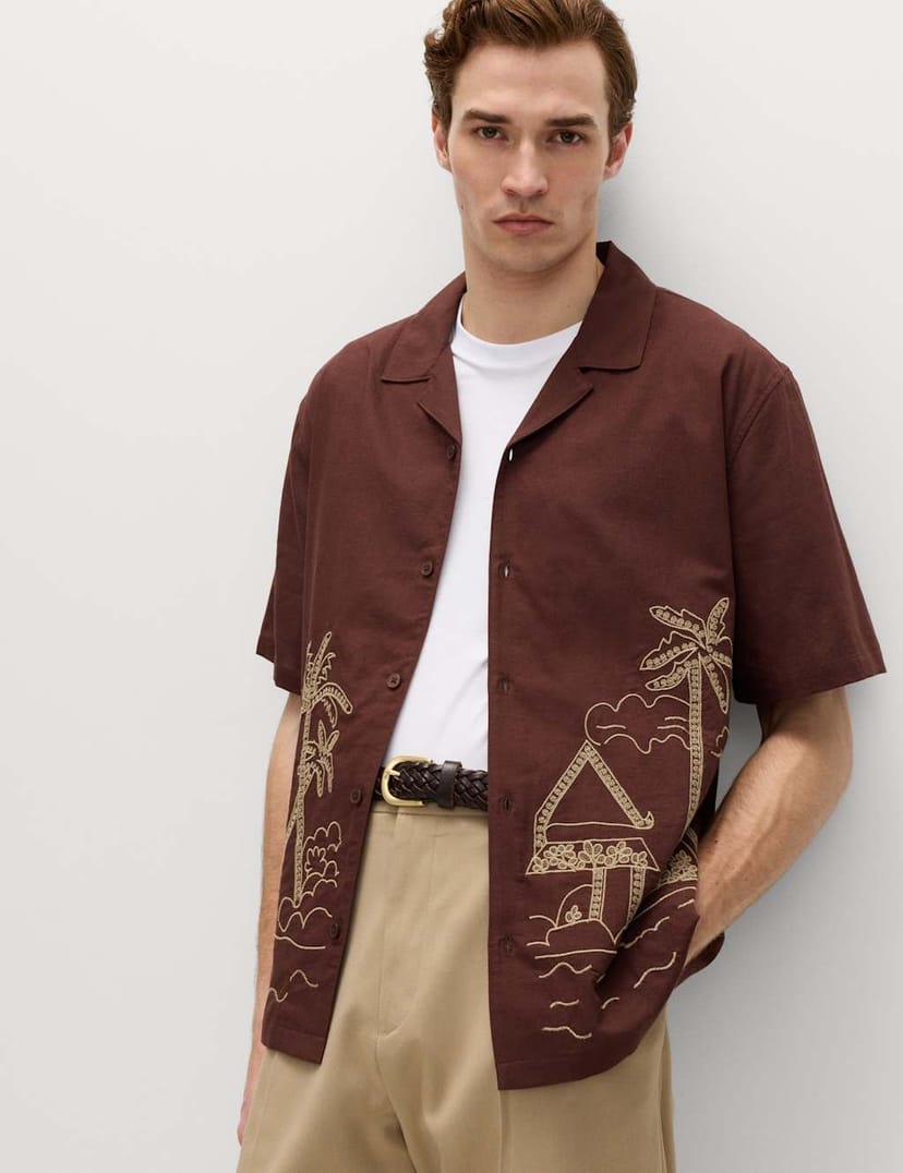Marks & Spencer M&S Relaxed Fit Embroidered Short Sleeve Shirt Sable - 1