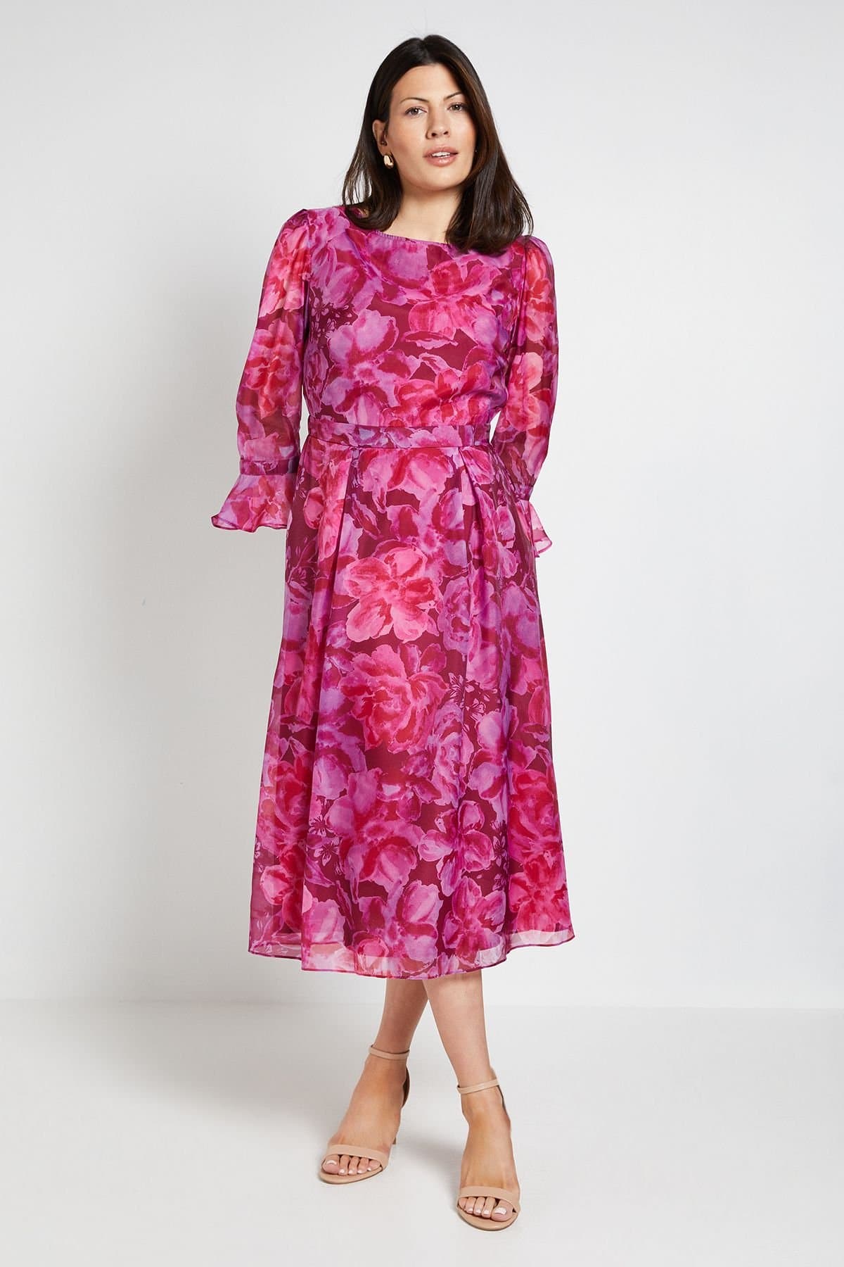 Wallis Wallis Women's Floral Organza Flute Sleeve Midi Dress in Pink