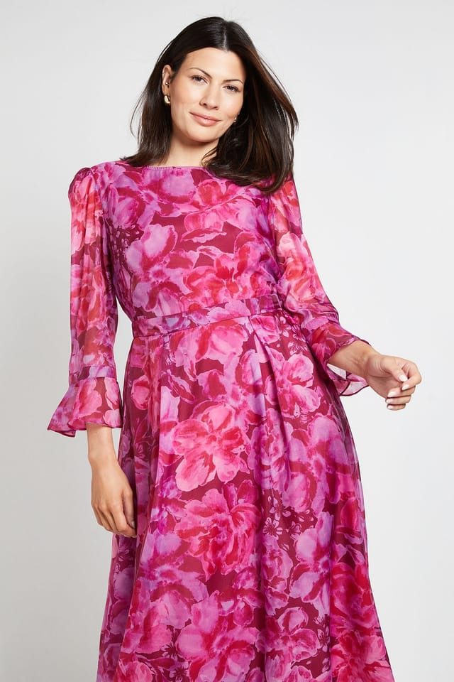 Wallis Wallis Women's Floral Organza Flute Sleeve Midi Dress in Pink - 2