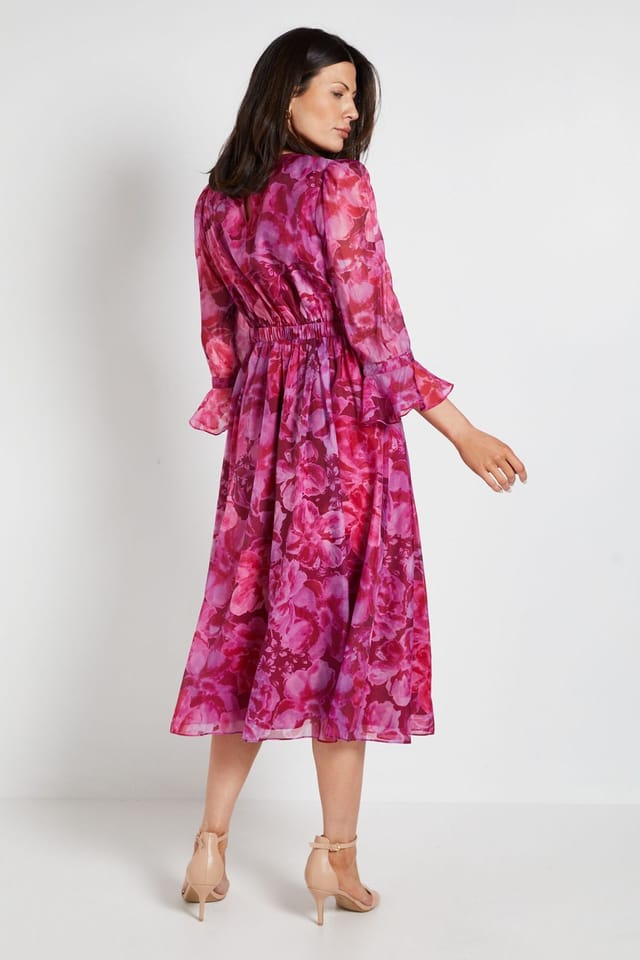 Wallis Wallis Women's Floral Organza Flute Sleeve Midi Dress in Pink - 3