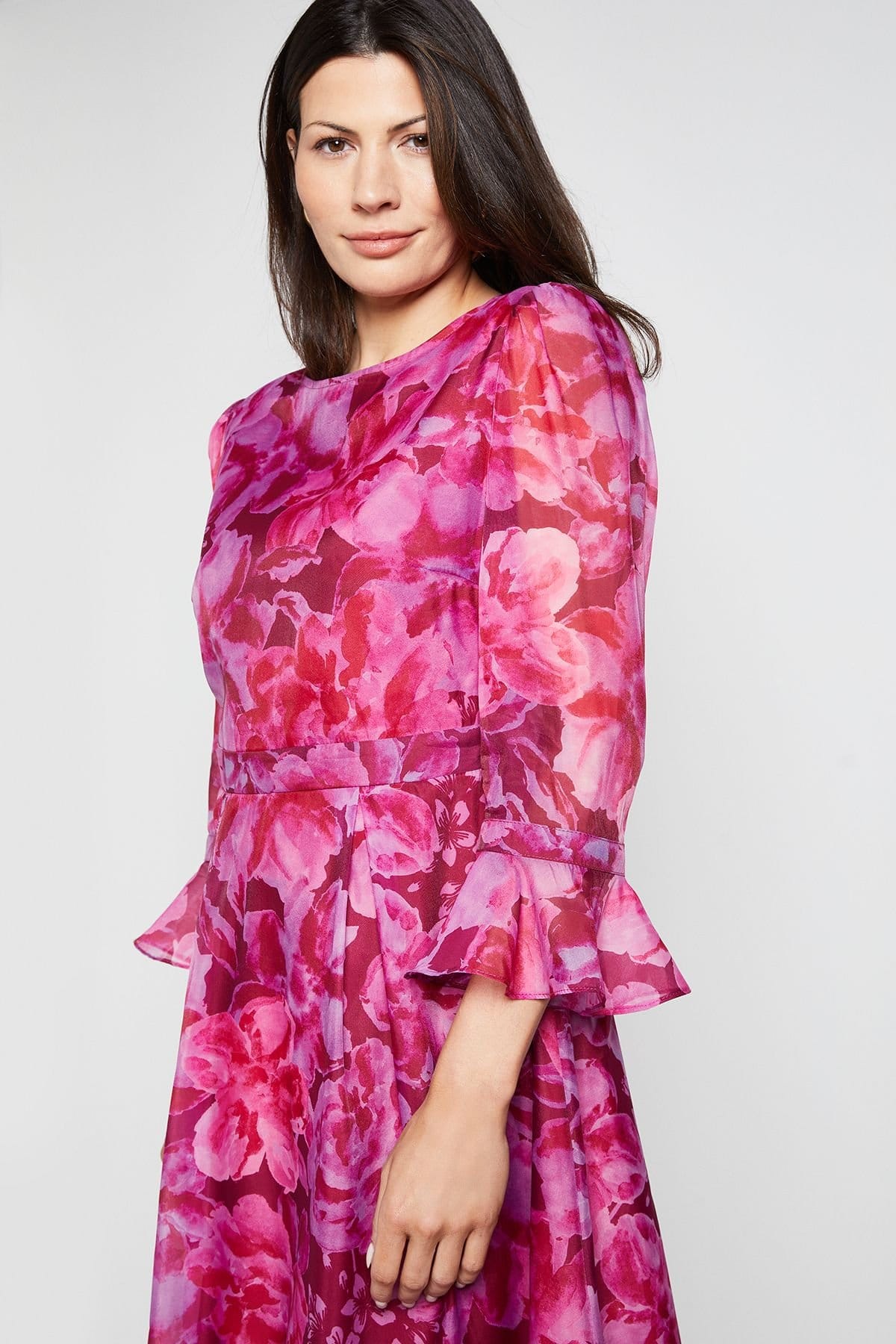 Wallis Wallis Women's Floral Organza Flute Sleeve Midi Dress in Pink - 4