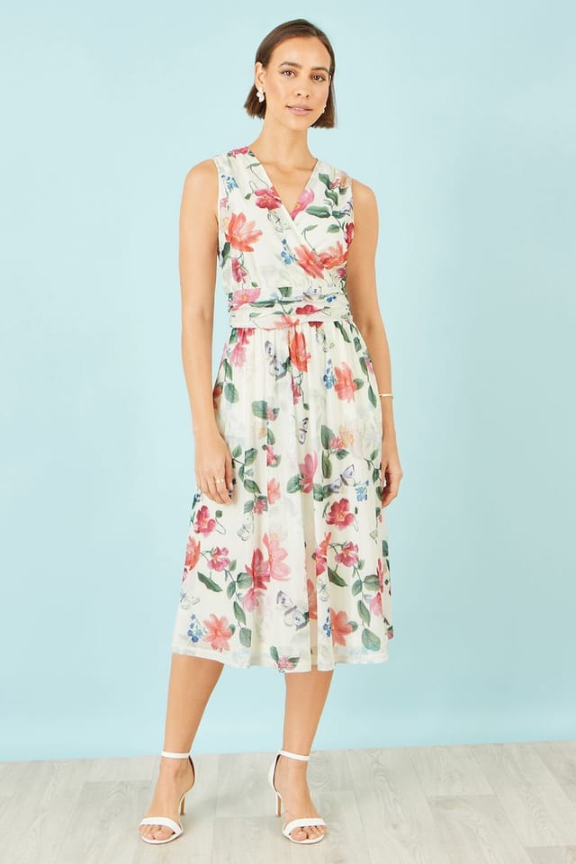 Yumi Yumi Women's Blurred Floral Mesh Wrap Midi Dress in Ivory - 3