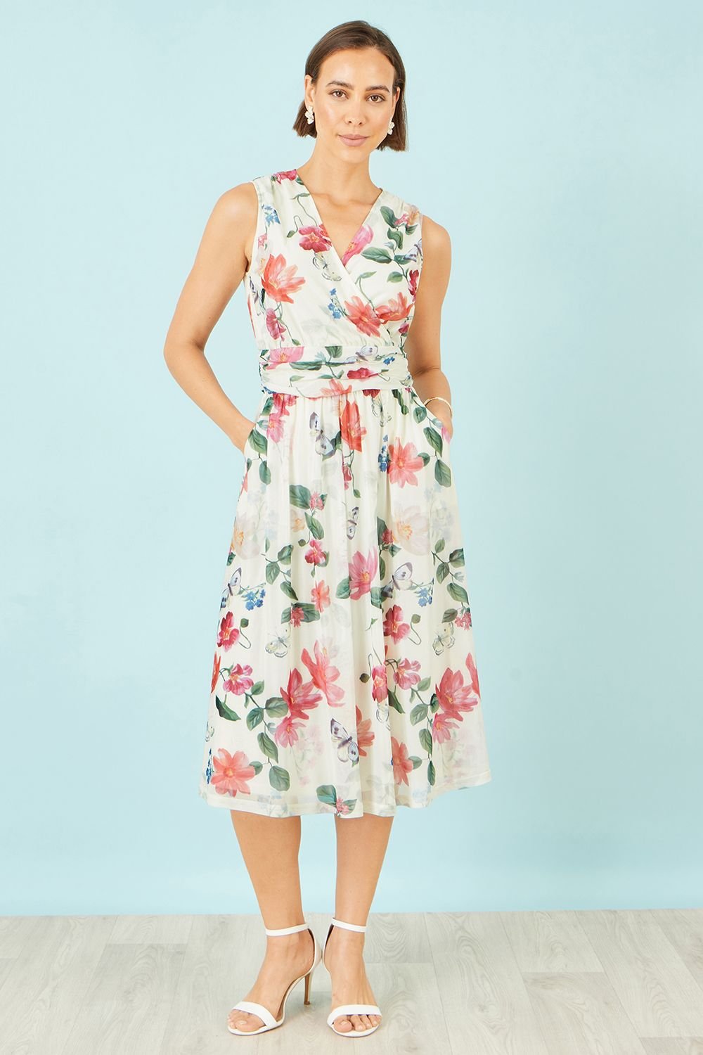 Yumi Yumi Women's Blurred Floral Mesh Wrap Midi Dress in Ivory - 4