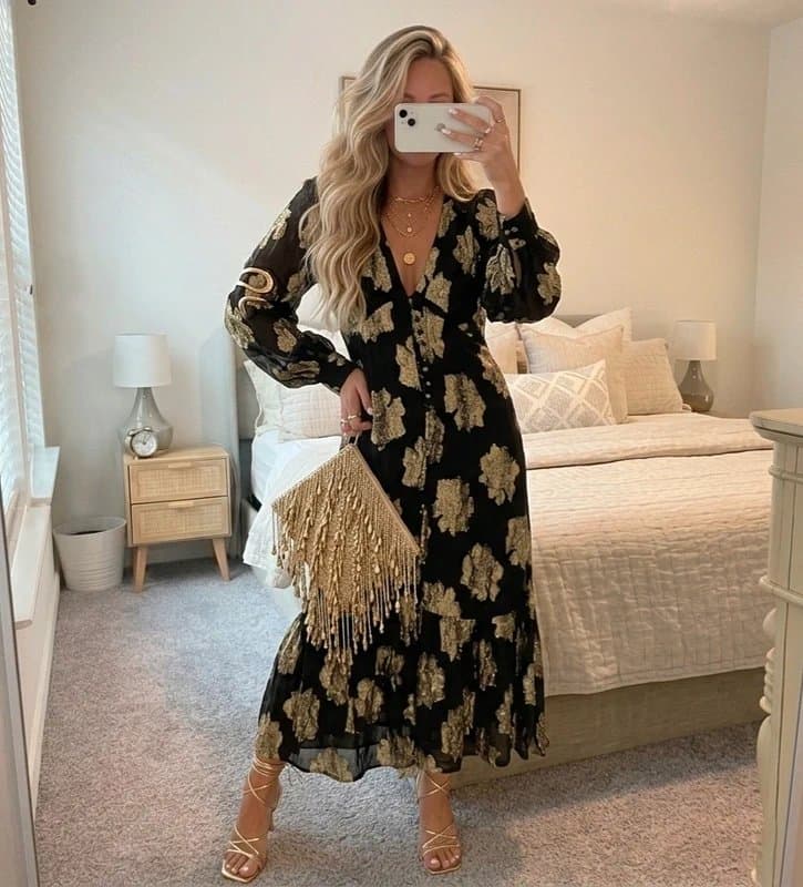 ASOS ASOS Black Gold Floral Long Sleeve Maxi Dress Size 16 [980]