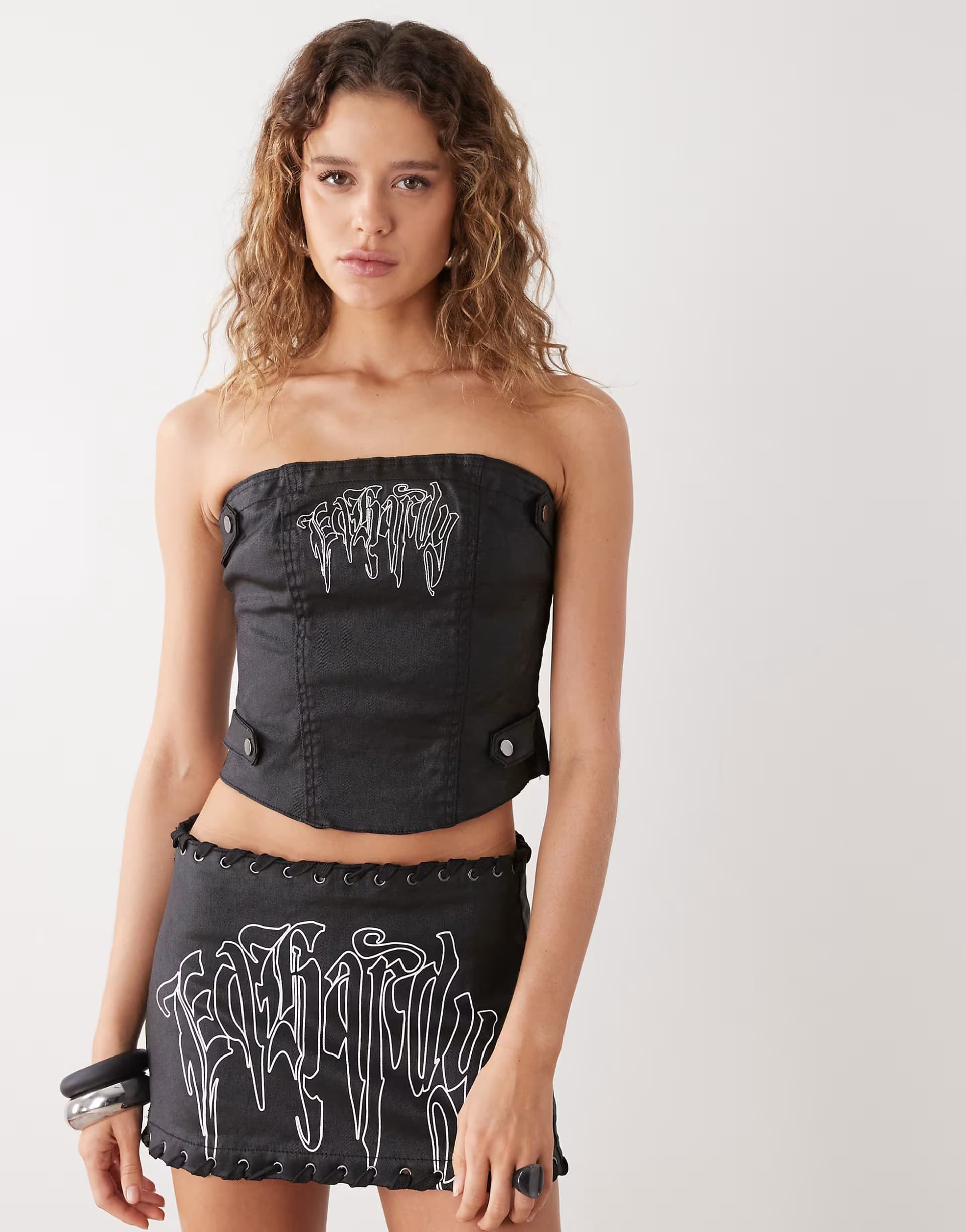 ASOS Ed Hardy drip strapless denim corset top in distressed black co-ord
