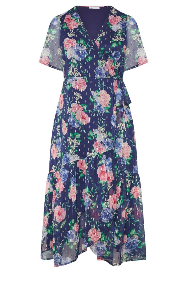Yours Yours Women's Floral Metallic Wrap Dress in Dark Navy - 2