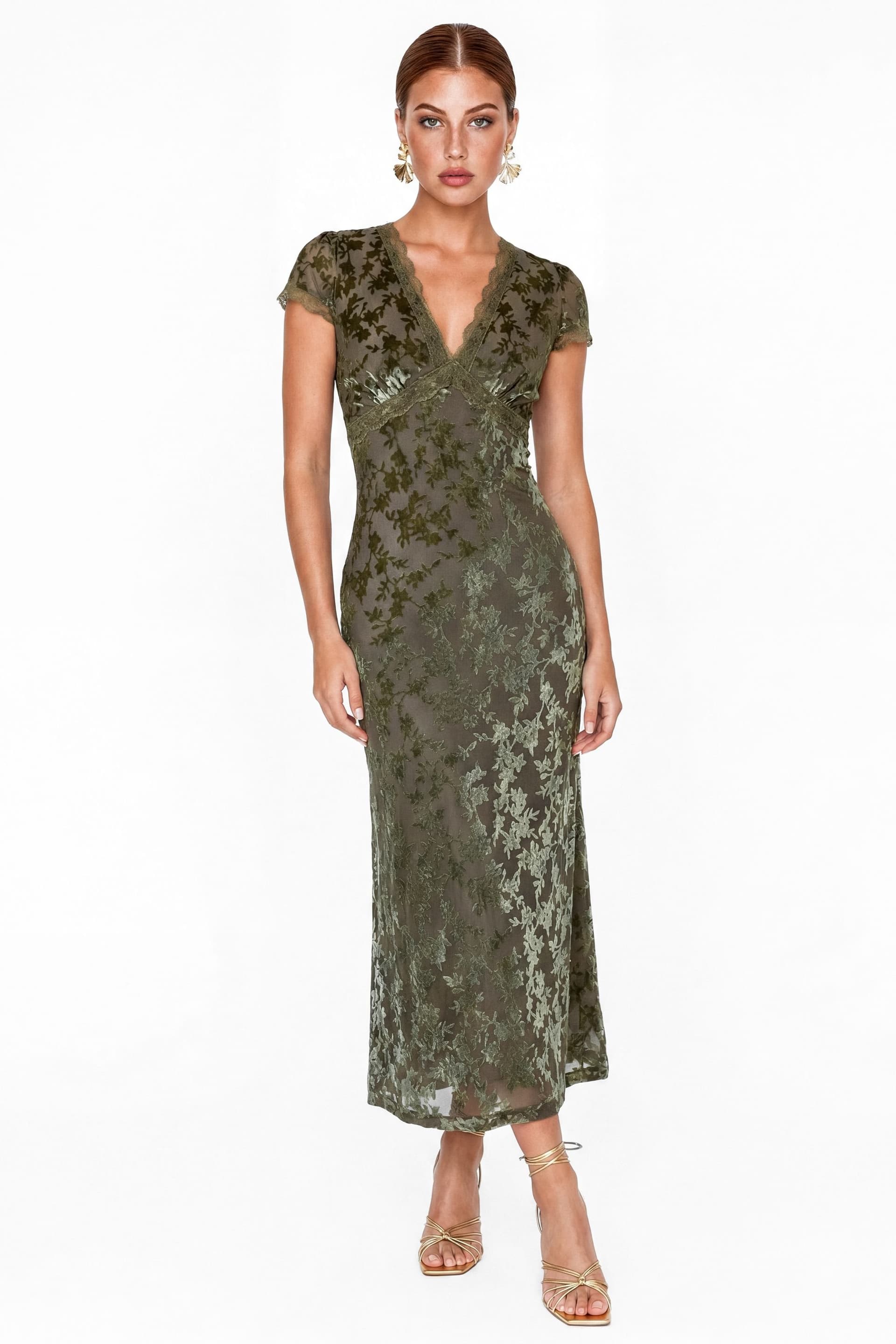 Maya Deluxe Maya Deluxe Women's Floral Velvet Devore V Neck Midaxi Dress in Olive