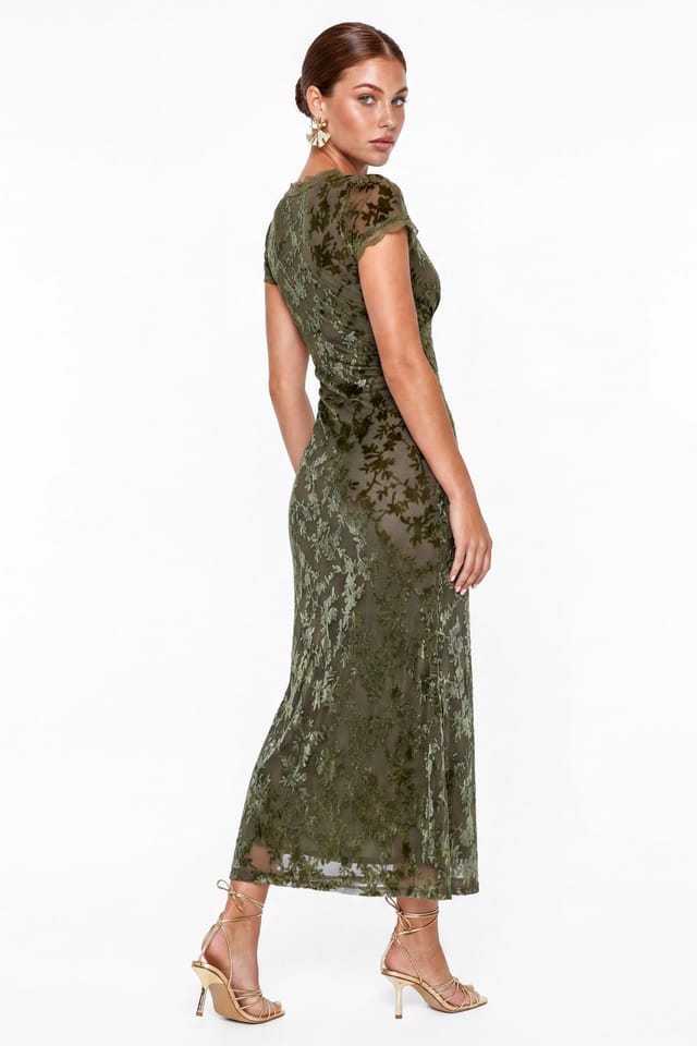 Maya Deluxe Maya Deluxe Women's Floral Velvet Devore V Neck Midaxi Dress in Olive - 2