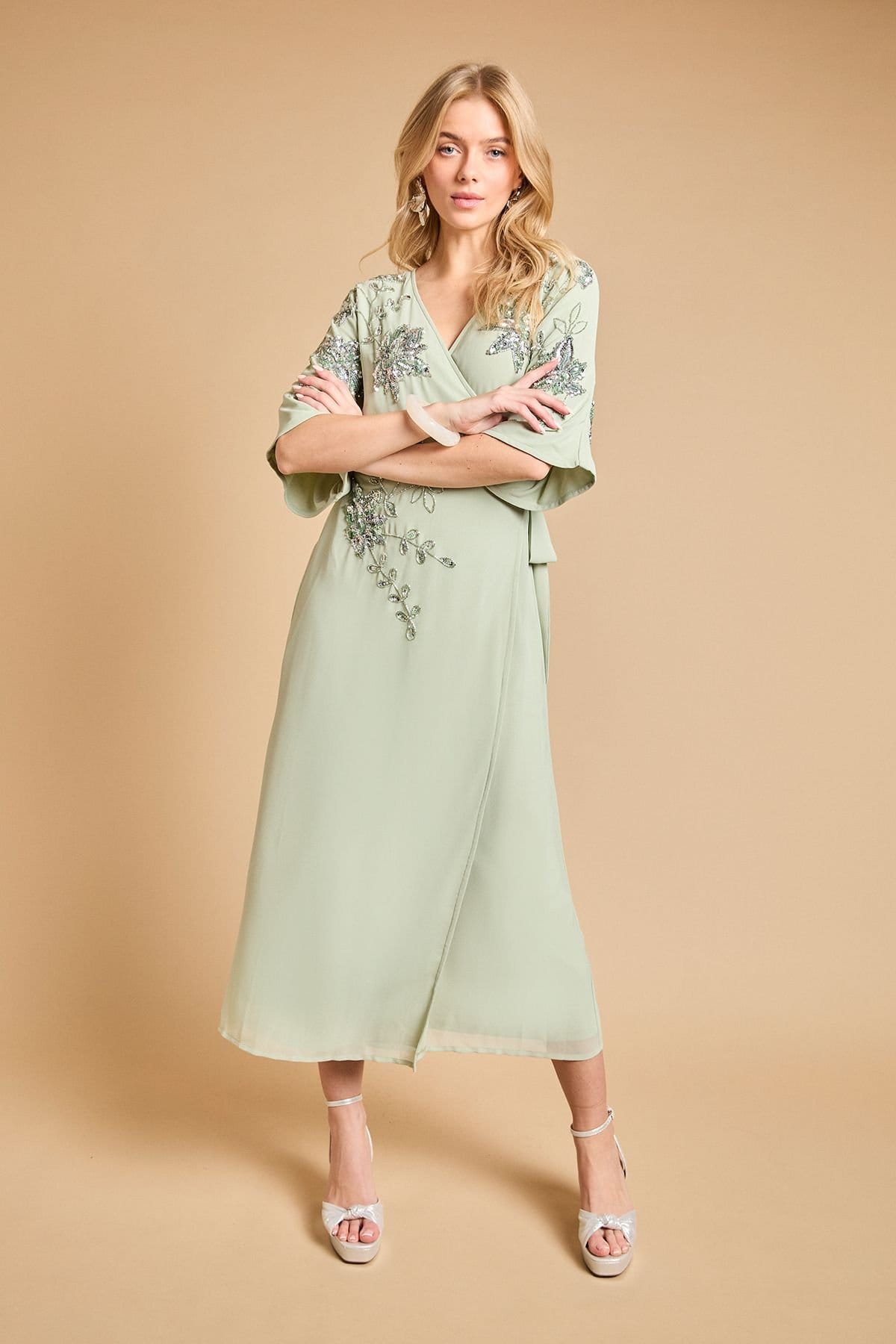 Oasis Sage Kimono Sleeve Embellished Maxi Dress