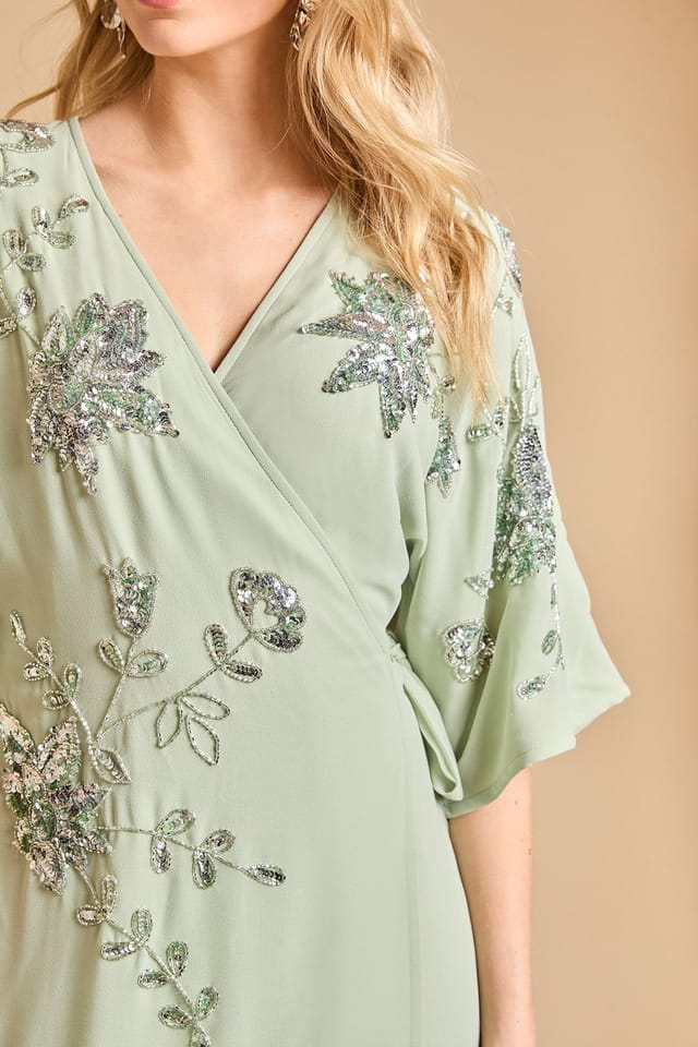 Oasis Oasis Women's Kimono Sleeve Trailing Embellished Maxi Dress in Sage - 2