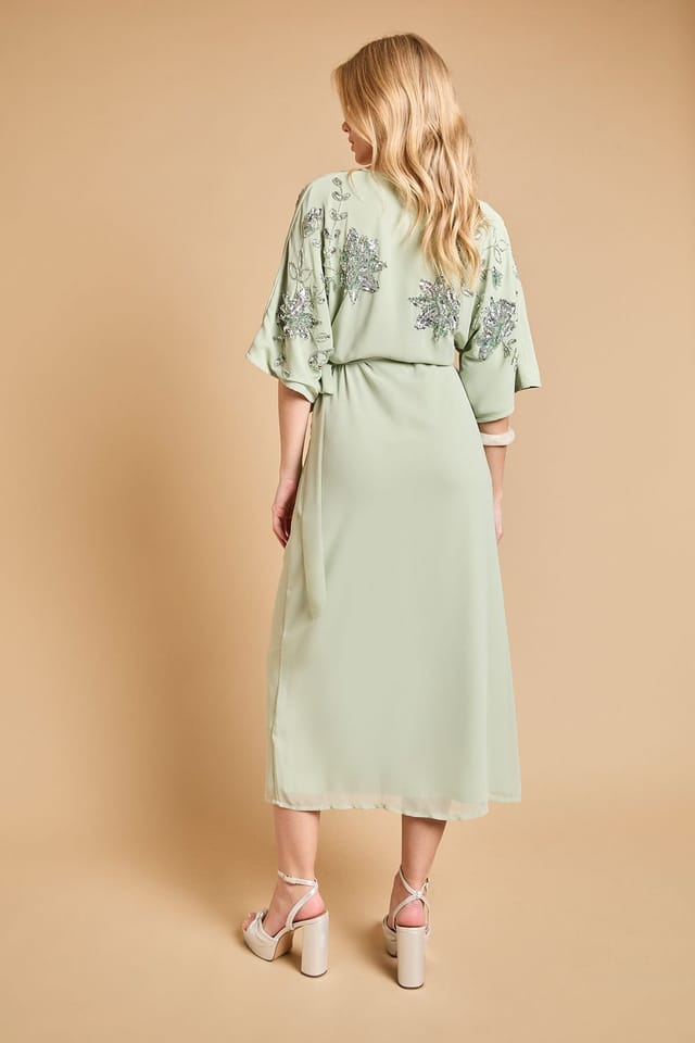 Oasis Oasis Women's Kimono Sleeve Trailing Embellished Maxi Dress in Sage - 3