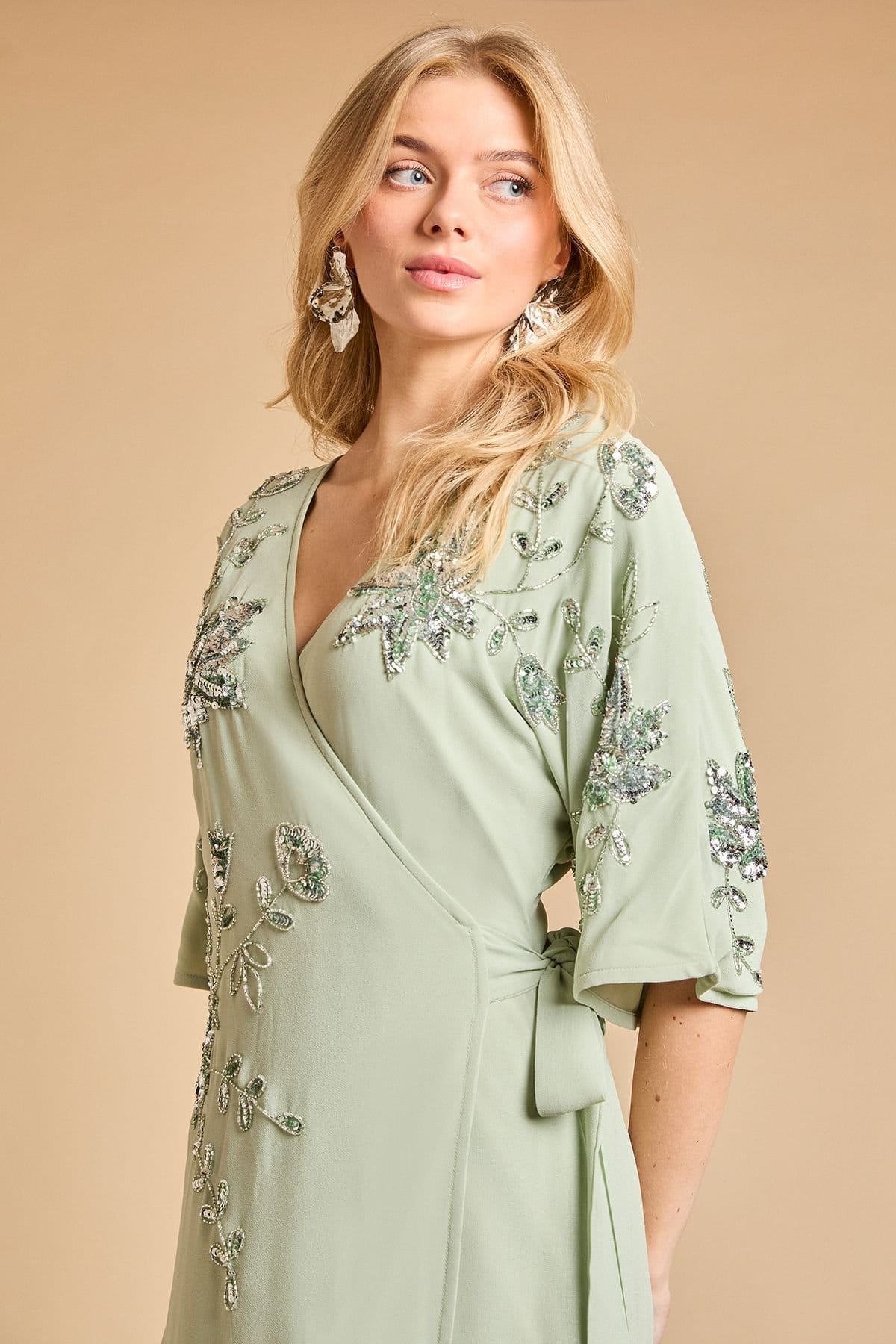 Oasis Oasis Women's Kimono Sleeve Trailing Embellished Maxi Dress in Sage - 4