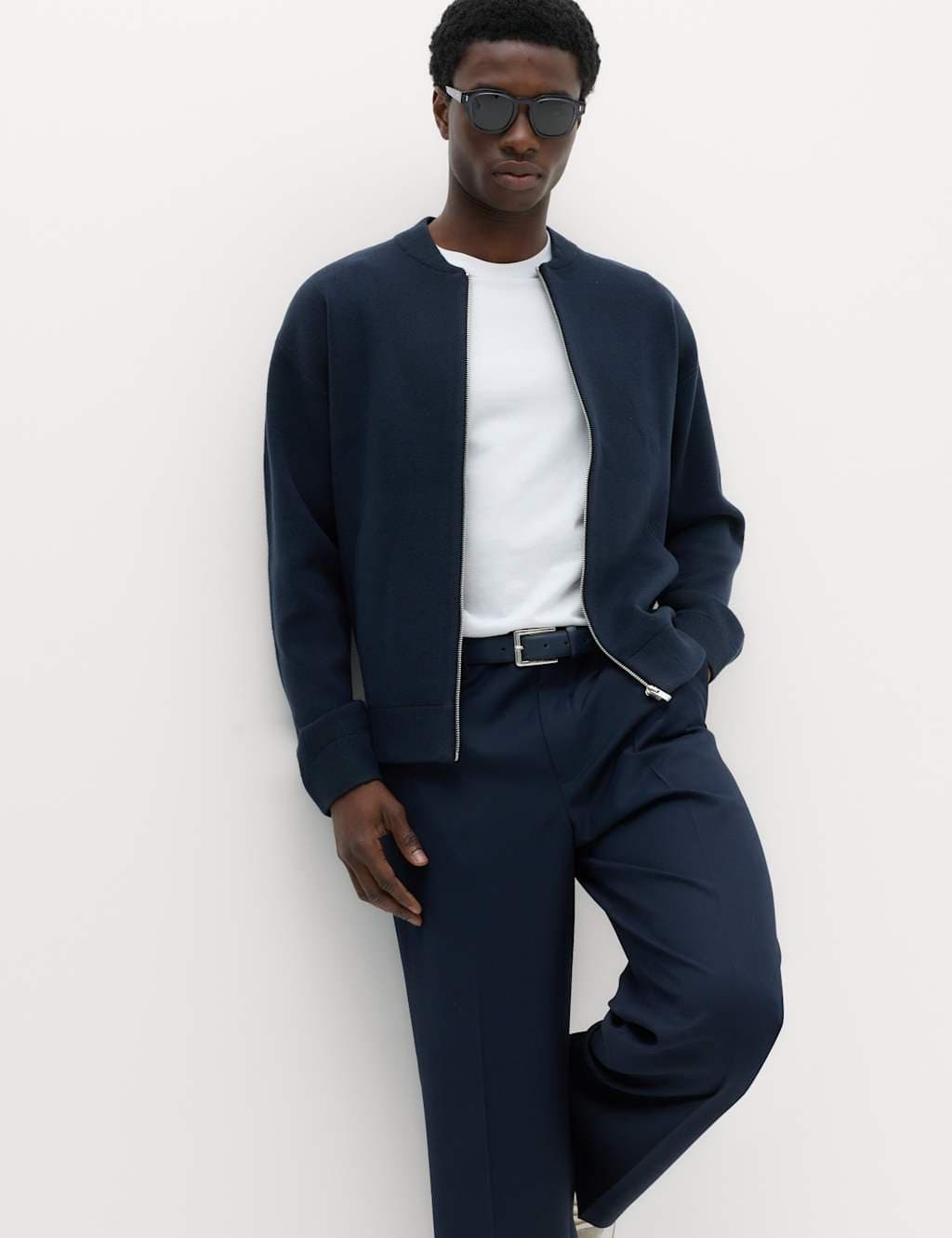 Marks & Spencer M&S Air Yarn Knitted Bomber Jacket Navy
