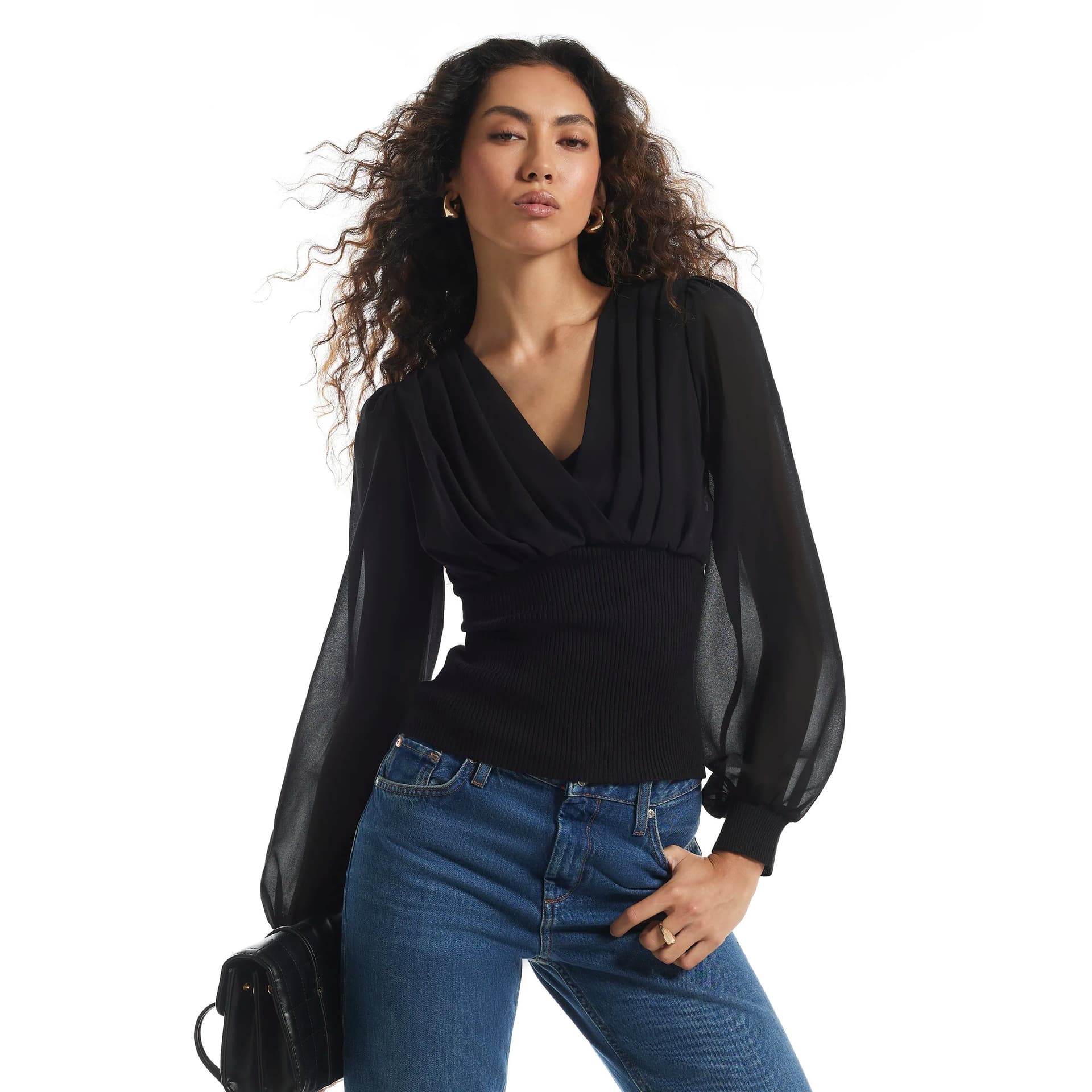 River Island River Island Womens Black Knit Chiffon Corset Blouse