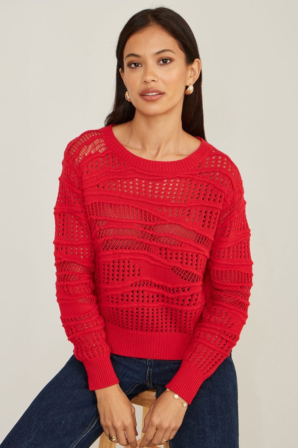 Yumi Yumi Women's Red Wave Pointelle Knitted Jumper