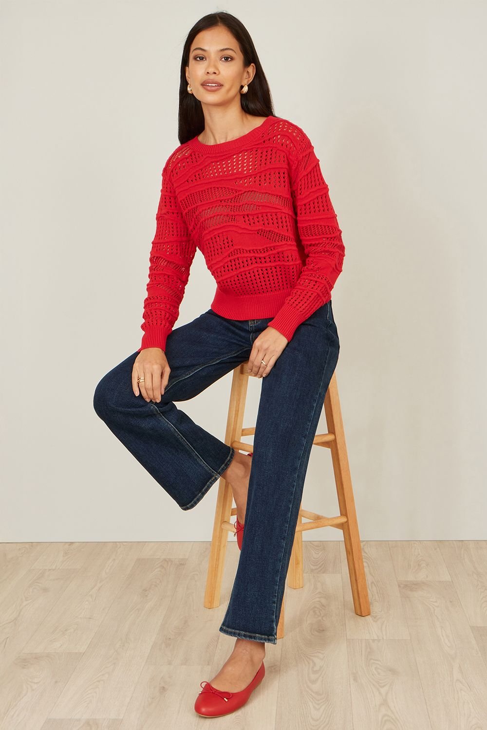 Yumi Yumi Women's Red Wave Pointelle Knitted Jumper - 2