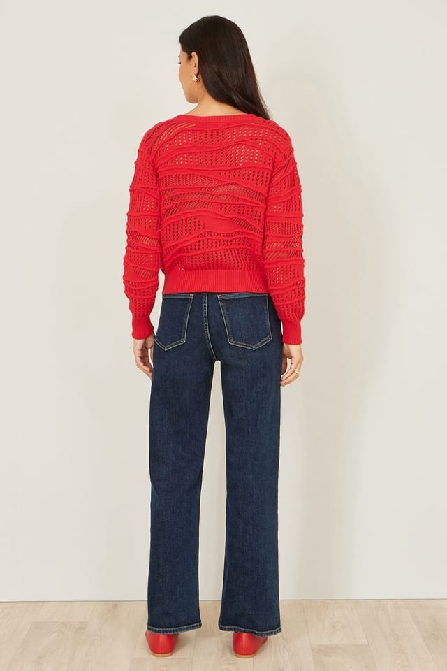 Yumi Yumi Women's Red Wave Pointelle Knitted Jumper - 3