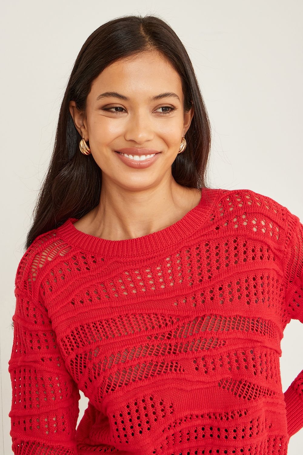 Yumi Yumi Women's Red Wave Pointelle Knitted Jumper - 4