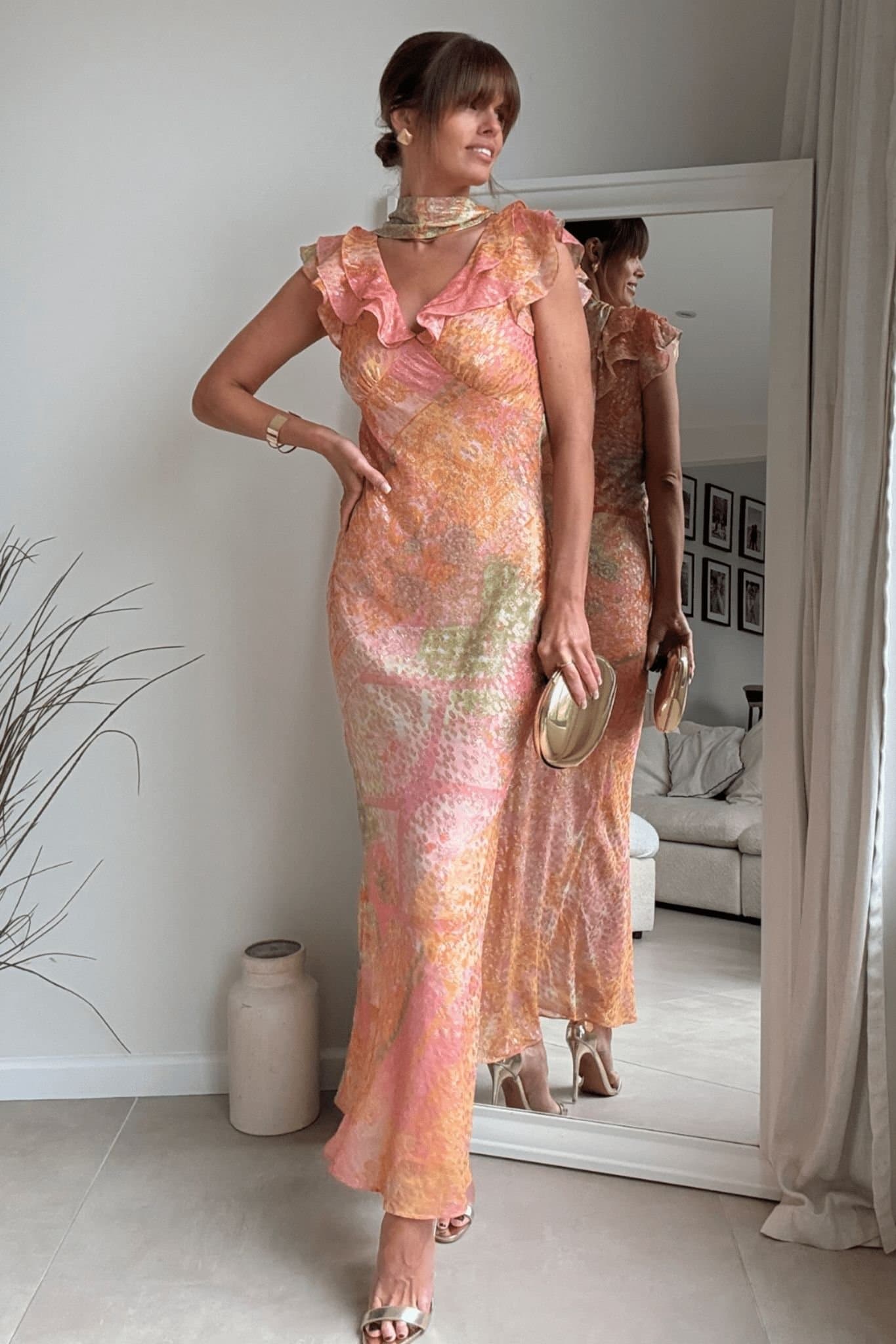 Style Cheat Style Cheat Women's Ruffle Lurex Wrap Maxi Dress in Coral