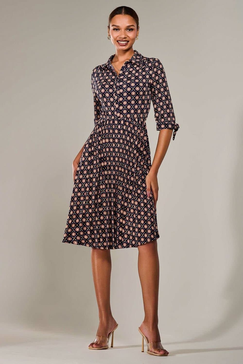 Jolie Moi Jolie Moi Women's ¾ Sleeve Button Up Midi Dress in Navy
