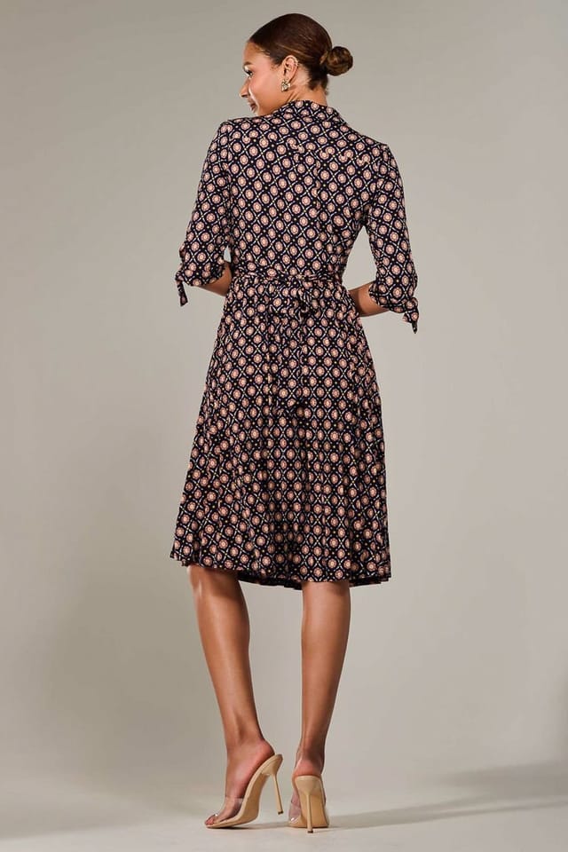 Jolie Moi Jolie Moi Women's ¾ Sleeve Button Up Midi Dress in Navy - 2
