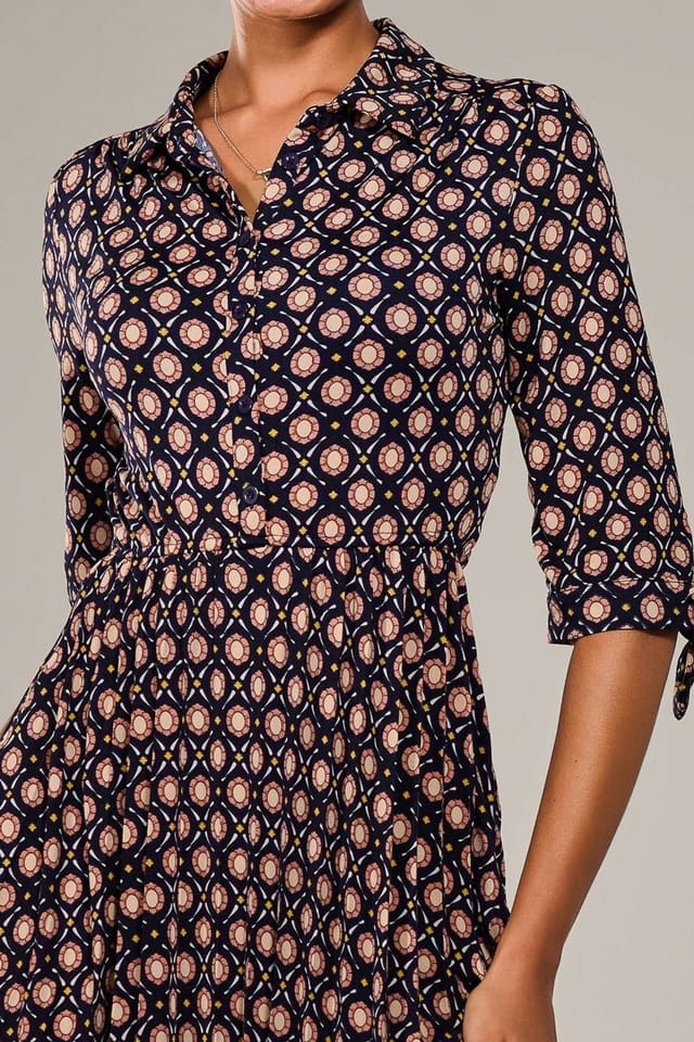Jolie Moi Jolie Moi Women's ¾ Sleeve Button Up Midi Dress in Navy - 3