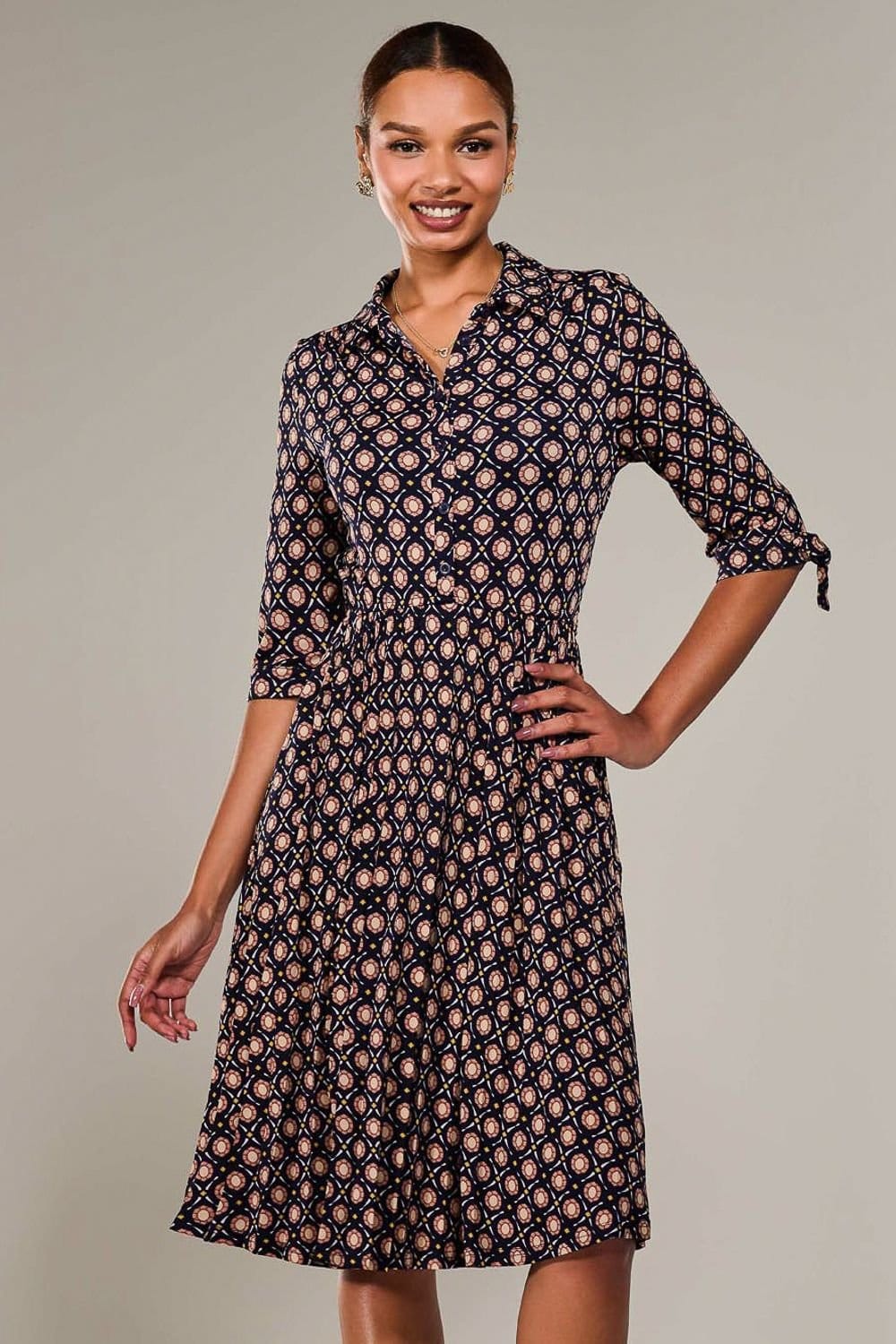 Jolie Moi Jolie Moi Women's ¾ Sleeve Button Up Midi Dress in Navy - 4