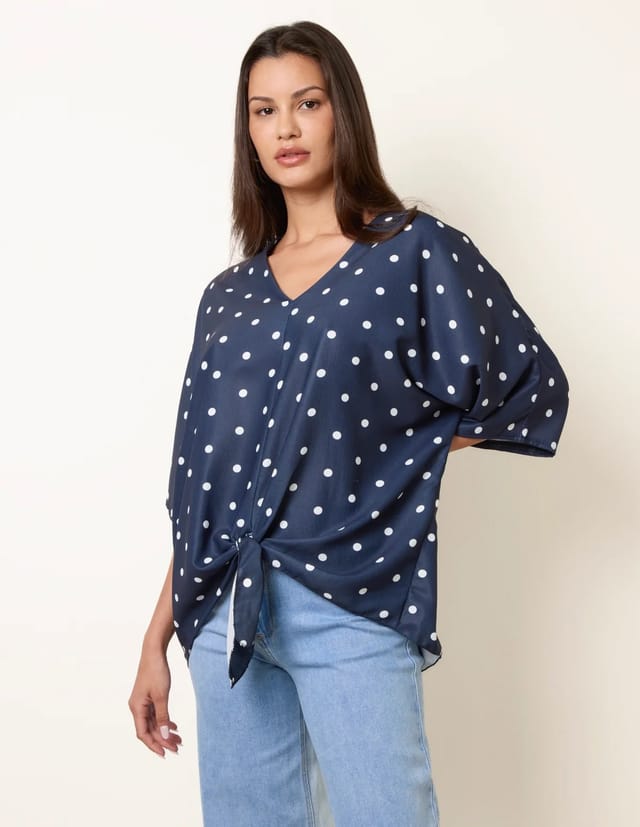 Blue Vanilla Polka Dot Knot Front Top - 2