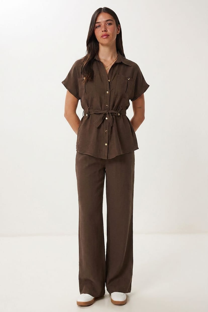 Happiness Istanbul Happiness Istanbul Women's Belted Long Wide Leg Co-Ord Set in Brown - 1
