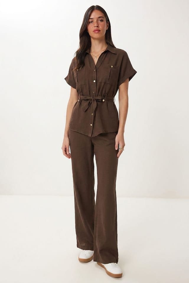 Happiness Istanbul Happiness Istanbul Women's Belted Long Wide Leg Co-Ord Set in Brown - 2