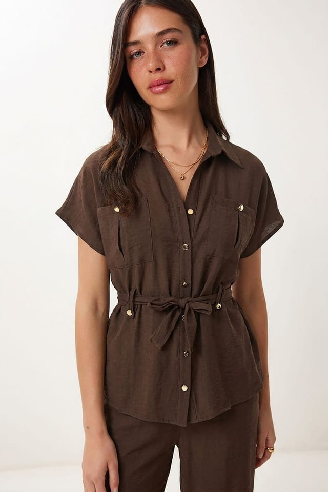 Happiness Istanbul Happiness Istanbul Women's Belted Long Wide Leg Co-Ord Set in Brown - 3